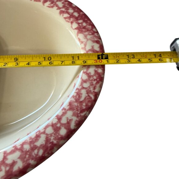 Roseville Spongeware Divided Oval Serving Dish Pink & White 12" x 9" Stoneware - Picture 7 of 8